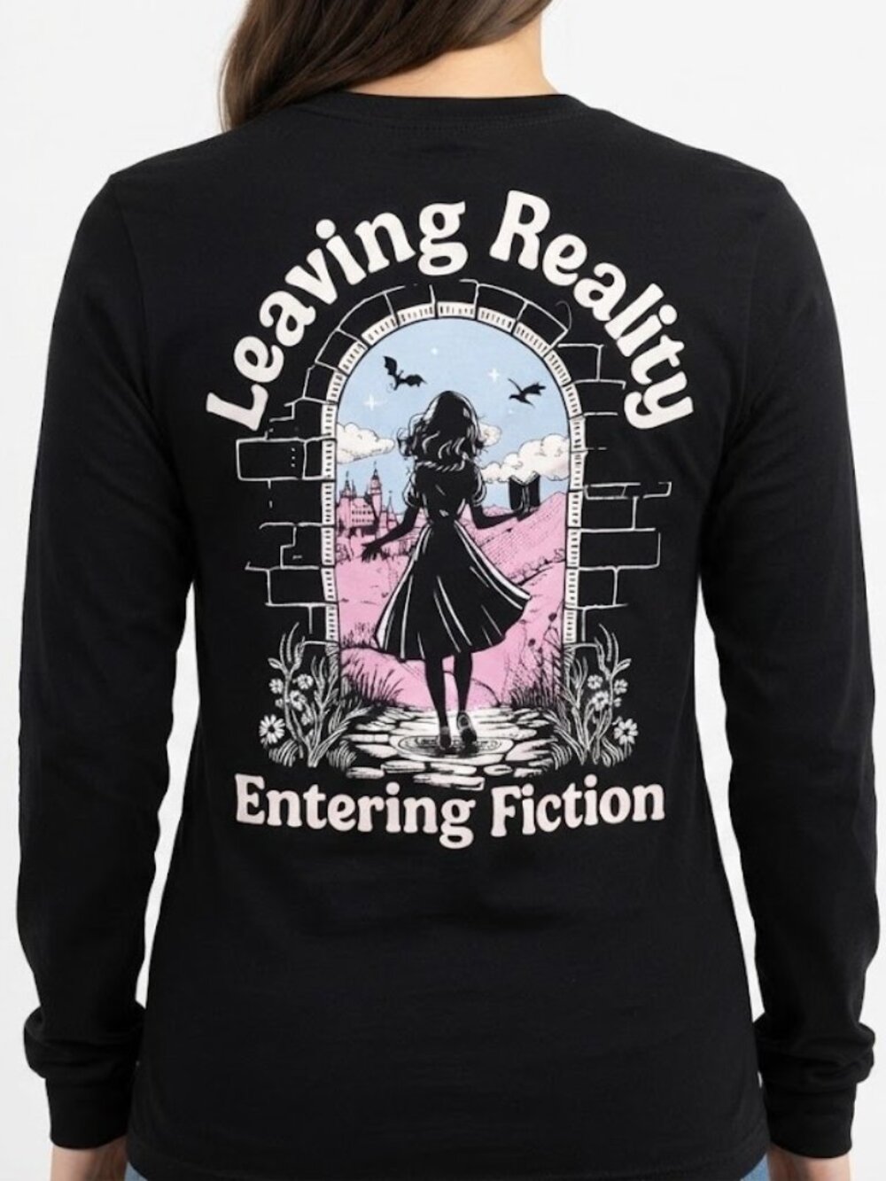Black Long-Sleeve Tee with 'Leaving Reality Entering Fiction' Graphic